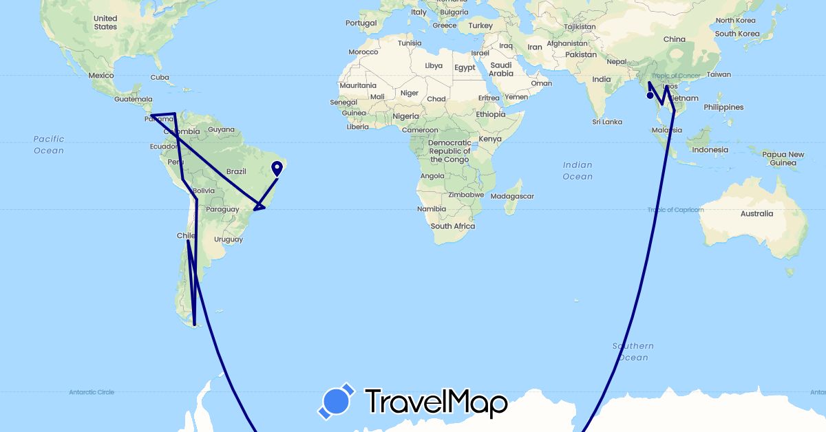TravelMap itinerary: driving in Argentina, Bolivia, Brazil, Chile, Colombia, Costa Rica, Cambodia, Laos, Myanmar (Burma), Peru, Thailand (Asia, North America, South America)